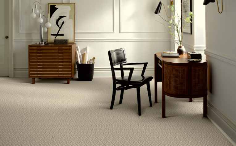 soft beige carpet in mid-century modern home office